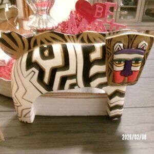 Vintage Laurel Burch ZEBRA TIGER Wooden Folk Art Hand Carved W/BOX SMALL CHIP